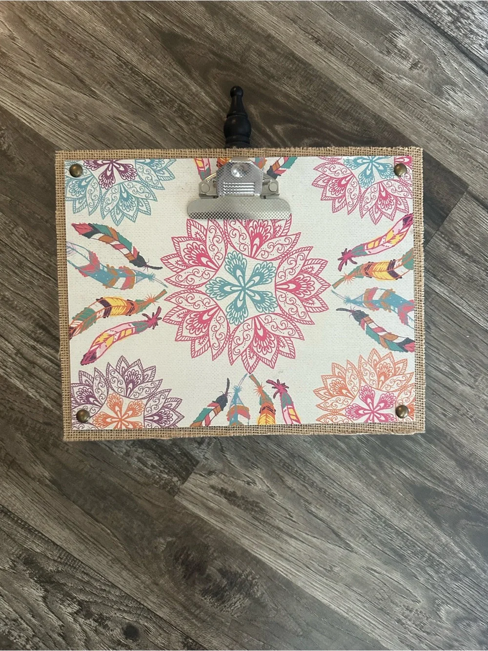 Floral Mandala Clip Frame with Colorful Feather Accents